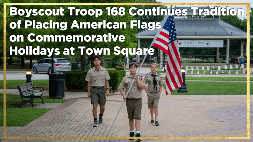 Scout Troop Members Place American Flags at Southlake Town Square